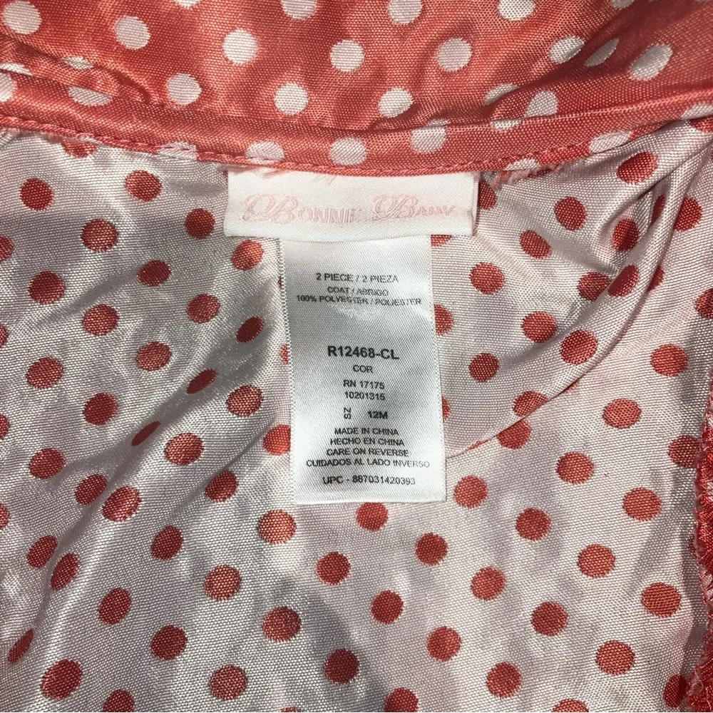 *5 for $25!* Coat Bonnie Baby Coral Pink White Polka Dot Sateen 12M BoW - Picture 5 of 6